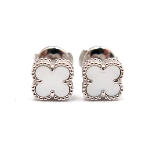 NEUF BOUCLES OREILLES VAN CLEEF & ARPELS SWEET ALHAMBRA OR BLANC NACRE 