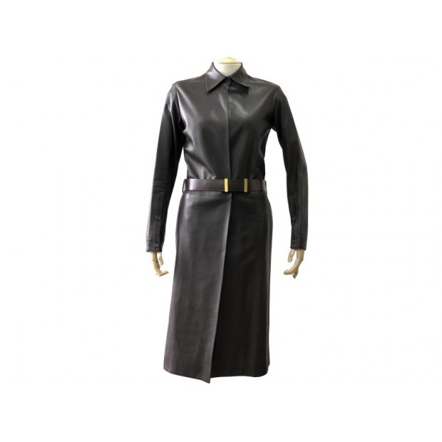 MANTEAU LONG YVES SAINT LAURENT 38 M EN CUIR MARRON CEINTURE LEATHER COAT 3500€