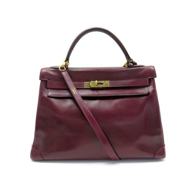 VINTAGE SAC A MAIN HERMES KELLY 32 CUIR BOX BORDEAUX 1973 