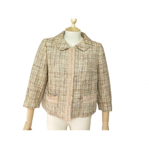 NEUF VESTE COURTE DE TAILLEUR MAX MARA 42 L BLAZER FEMME TWEED BEIGE JACKET 500