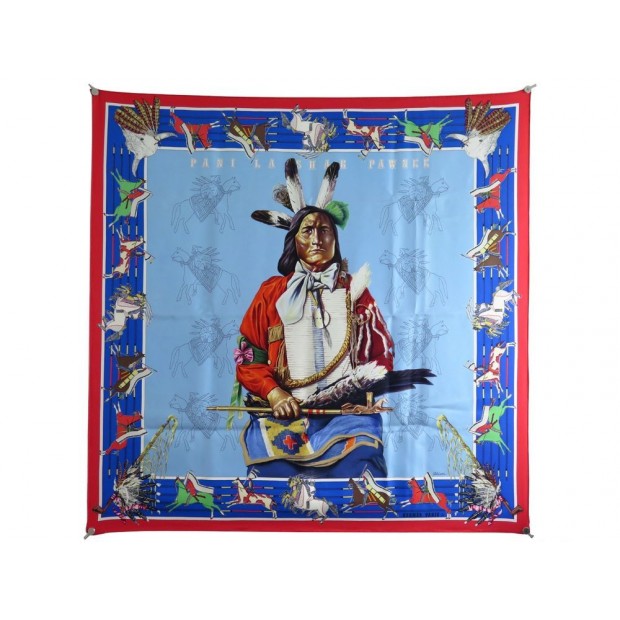 FOULARD HERMES CARRE PANI LA SHAR PAWNEE CHEF INDIEN SOIE BLEU SCARF 