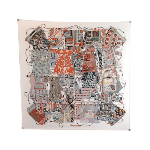 NEUF FOULARD HERMES VOYAGE EN ETOFFES ANNIE FAIVRE EN SOIE BLANC SILK SCARF 360€