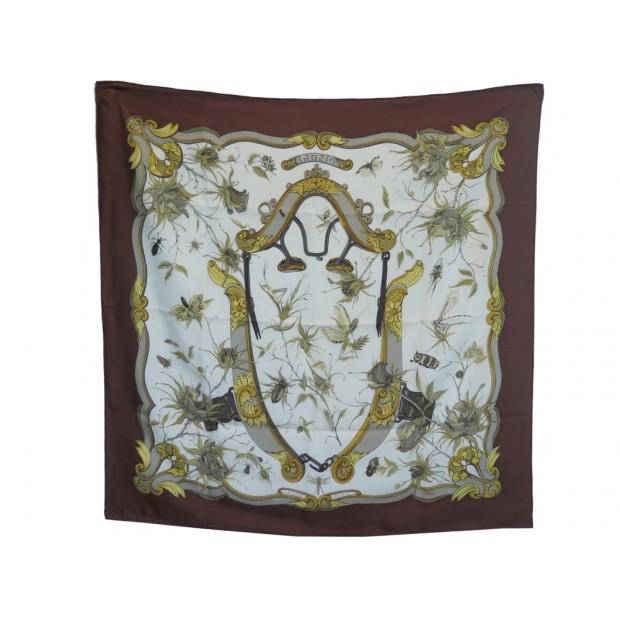 FOULARD HERMES INGRID LENKE SZECHENZYL CARRE SOIE MARRON BROWN SILK SCARF 360€