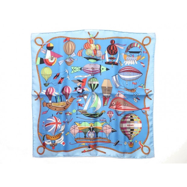 NEUF FOULARD GAVROCHE HERMES LES FOLIES DU CIEL CARRE EN SOIE BLEU SCARF 160€