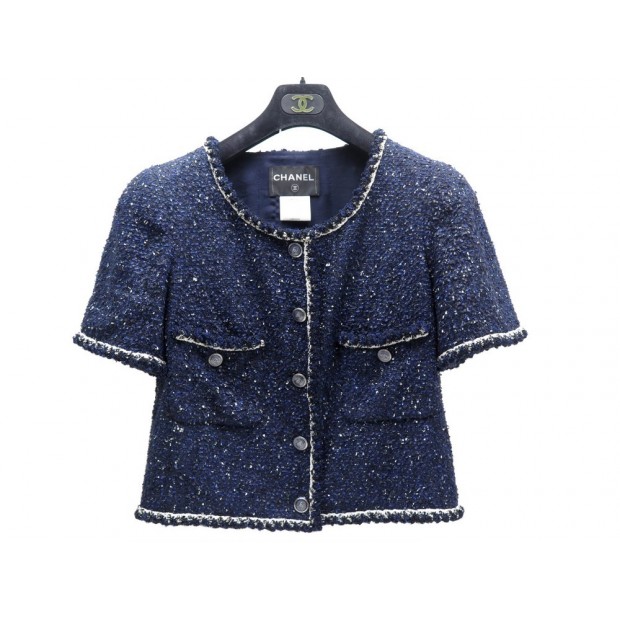 VESTE MANCHES COURTES CHANEL P43195 40 M TWEED BLEUE MARINE SHORT JACKET 3680€