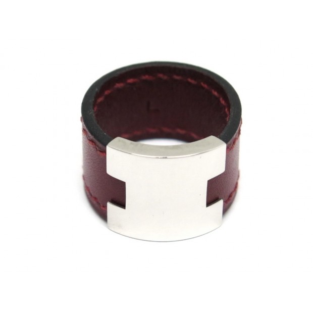 NEUF BAGUE HERMES LURIE T 60 L EN CUIR ROUGE & METAL ARGENT LEATHER RING 380€