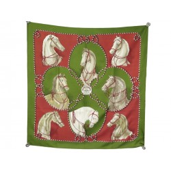 FOULARD HERMES BRIDES LEGERES HERON 1974 CARRE 90CM EN SOIE VERT SILK SCARF 360€