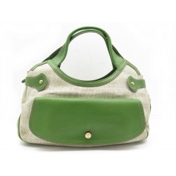 SAC A MAIN TOD'S 39 CM EN TOILE ECRU & CUIR VERT CANVAS LEATHER BAG PURSE 500€