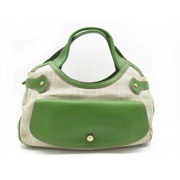 SAC A MAIN TOD'S 39 CM EN TOILE ECRU & CUIR VERT CANVAS LEATHER BAG PURSE 500€