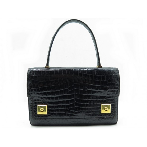 VINTAGE SAC A MAIN HERMES PIANO CUIR CROCODILE NOIR 