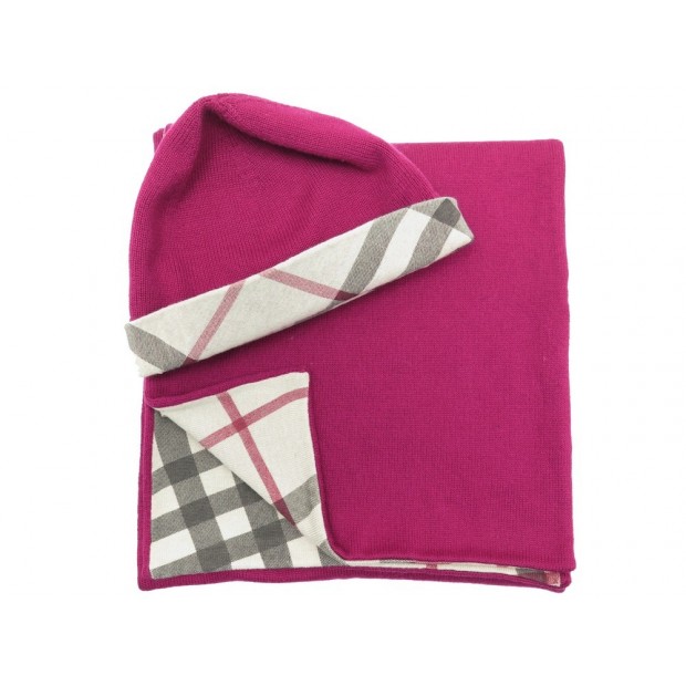 ECHARPE + BONNET BURBERRY TARTAN B10304 COTON CACHEMIRE FUSHIA SCARF CAP 420€