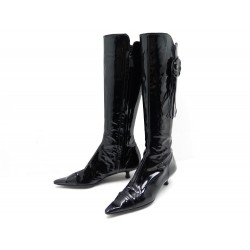 BOTTES CHANEL CUIR VERNI CAMELIA 37 