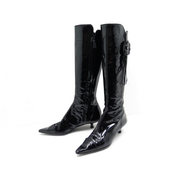 CHAUSSURES CHANEL CAMELIA BOTTES A TALONS 37 CUIR VERNI NOIR LEATHER BOOTS 1200€