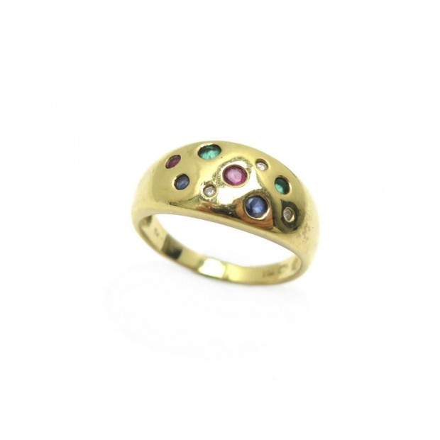 BAGUE T 54 EN OR JAUNE 18K 4.9 GR SERTIE RUBIS EMERAUDES SAPHIRS & DIAMANTS RING