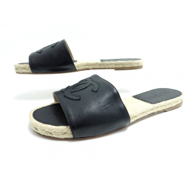 NEUF CHAUSSURES CHANEL 39 ESPADRILLES G30033 EN CUIR NOIR + BOITE SANDALS 560€