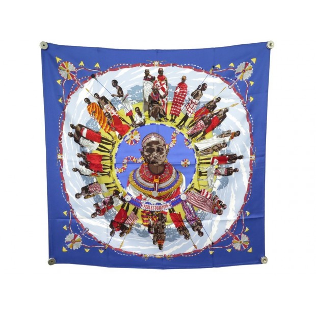 NEUF FOULARD HERMES PERLES DU KENYA DIMITRI RYBALTCHENKO CARRE SOIE BLEU 360