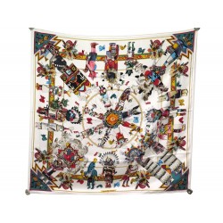 FOULARD HERMES KACHINAS KERMIT OLIVER CARRE EN SOIE BLANC WHITE SILK SCARF 360€