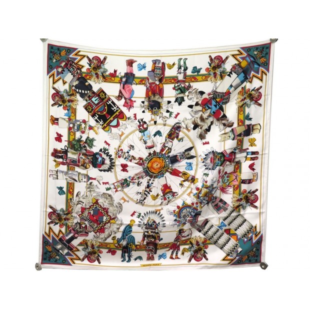 FOULARD HERMES KACHINAS KERMIT OLIVER CARRE EN SOIE BLANC WHITE SILK SCARF 360€