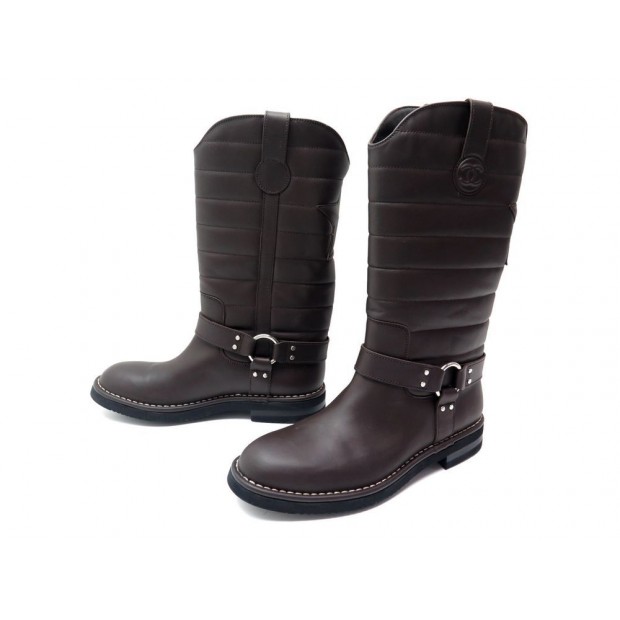 NEUF BOTTES CHANEL G30209 40.5 MOTARDES CUIR MATELASSE MARRON BIKER BOOTS 1650€