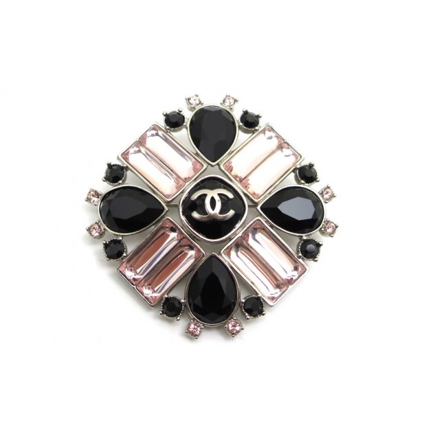 NEUF BROCHE CHANEL CROIX ET PIERRES NOIR ET ROSE 