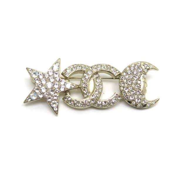 NEUF BROCHE CHANEL ETOILE LUNE & LOGO CC EN METAL & STRASS DORE BROOCH 550€