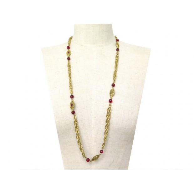 VINTAGE COLLIER CHANEL SAUTOIR 86CM EN METAL DORE & PERLES ROUGES NECKLACE 950€