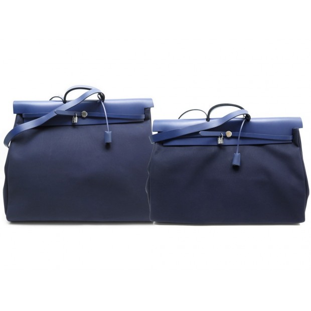 NEUF SAC DE VOYAGE HERMES HERBAG XL 50CM BANDOULIERE TOILE & CUIR BLEU BAG 2500€