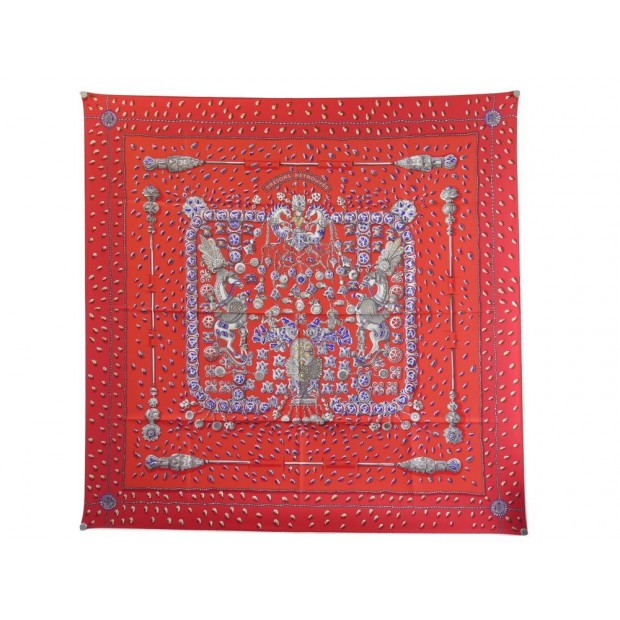 NEUF FOULARD HERMES TRESORS RETROUVES CARRE 90 EN SOIE ROUGE + BOITE SCARF 360€