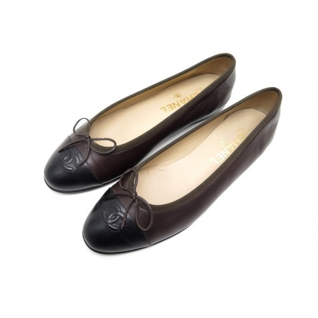 NEUF CHAUSSURES CHANEL A02819 38.5 BALLERINES EN CUIR MARRON NOIR SAC SHOES 570€