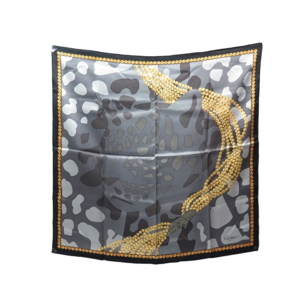 NEUF FOULARD CARTIER PANTHERE BIJOUX CARRE EN SOIE GRIS SCARF PANTHER GREY SILK 