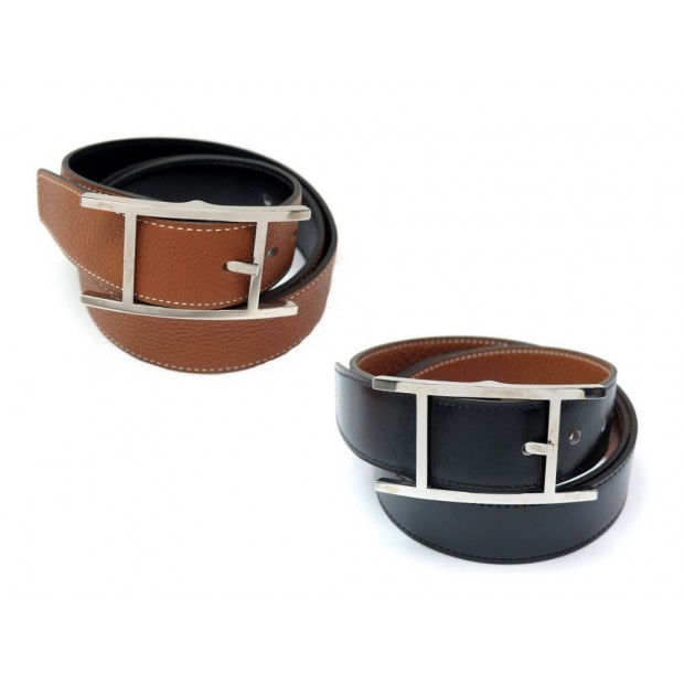 CEINTURE HERMES QUENTIN TAILLE 90 32MM REVERSIBLE CUIR NOIR ET MARRON BELT 665*