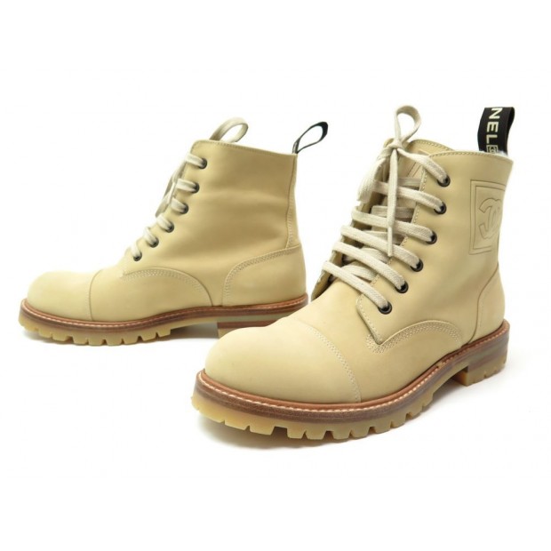 NEUF CHAUSSURES CHANEL 38 BOTTINES FOURREES G25364 CUIR BEIGE HIKING BOOTS 1095€