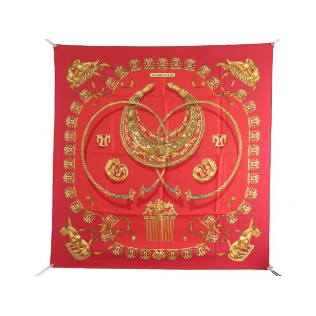 VINTAGE FOULARD HERMES CAVALIERS D'OR 1ERE EDITION 1976 EN SOIE ROUGE SCARF 360€