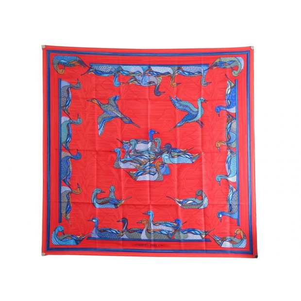 NEUF VINTAGE FOULARD HERMES LA MARE AUX CANARDS CARRE 90 SOIE ROUGE SCARF 360