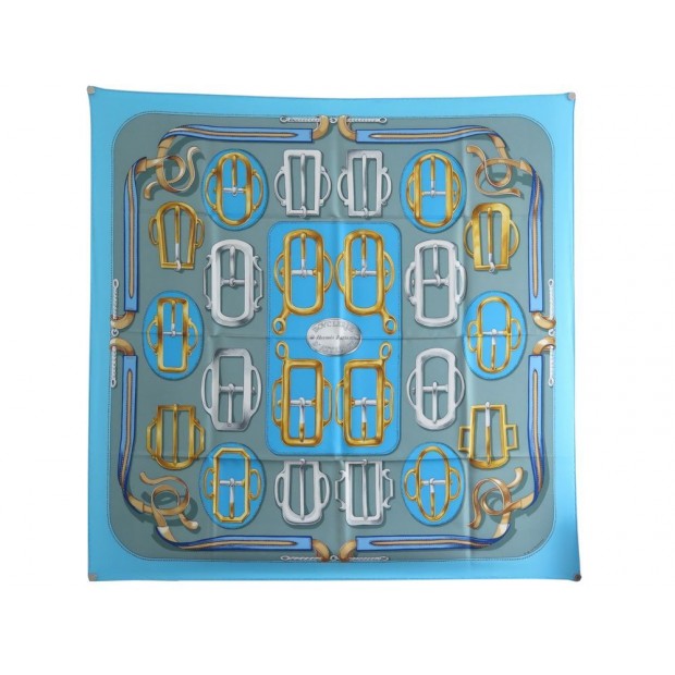 NEUF FOULARD HERMES BOUCLERIE D ATTELAGE CARRE 90 EN SOIE GRIS BLEU SCARF 360