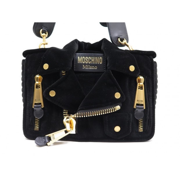 NEUF SAC A MAIN MOSCHINO BIKER CLUTCH DAIM NOIR HAND BAG BLACK SUEDE PURSE 845