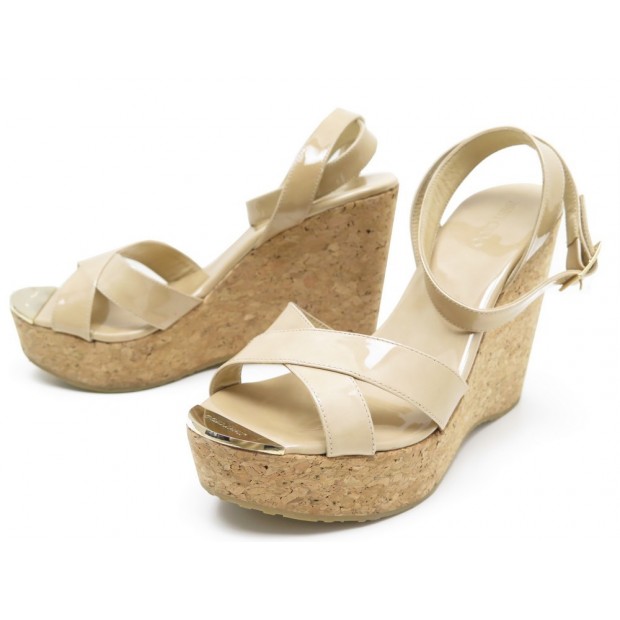 CHAUSSURES JIMMY CHOO 40 COMPENSEES CUIR VERNIS BEIGE PLATFORM SHOES 475€