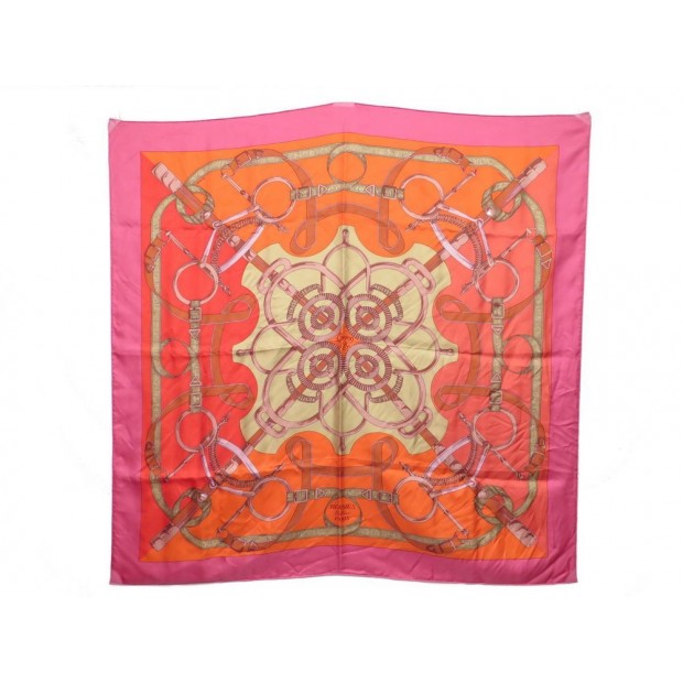 FOULARD HERMES EPERON D'OR CARRE HENRI D'ORIGNY SOIE ROSE ORANGE SILK SCARF 350€