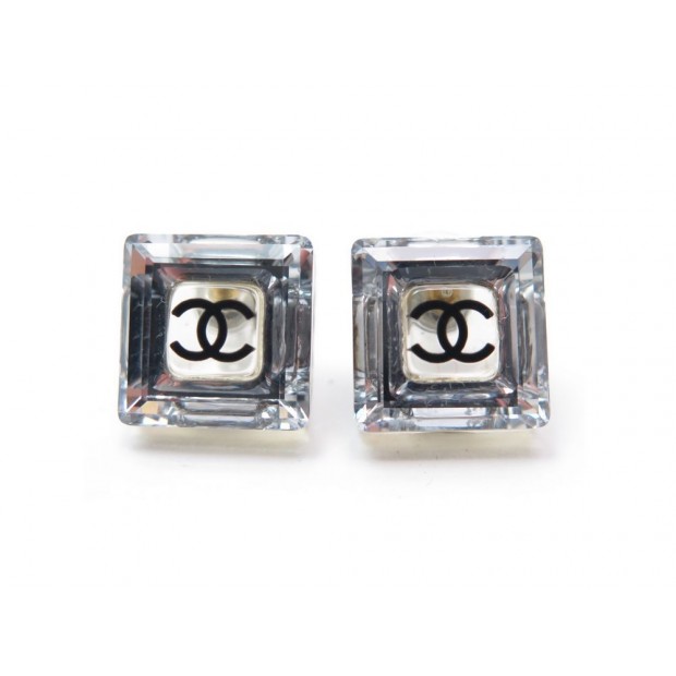 BOUCLES D'OREILLES CHANEL CARREES LOGO CC NOIR TRANSPARENTES ARGENTEES EARRING