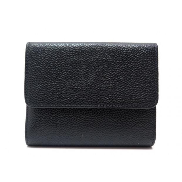 PORTEFEUILLE CHANEL LOGO CC 12CM EN CUIR CAVIAR NOIR PORTE MONNAIE WALLET 750€