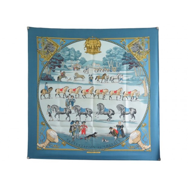 FOULARD HERMES PRESENTATION DES CHEVAUX CARRE 90 CM EN SOIE BLEU SILK SCARF 360€