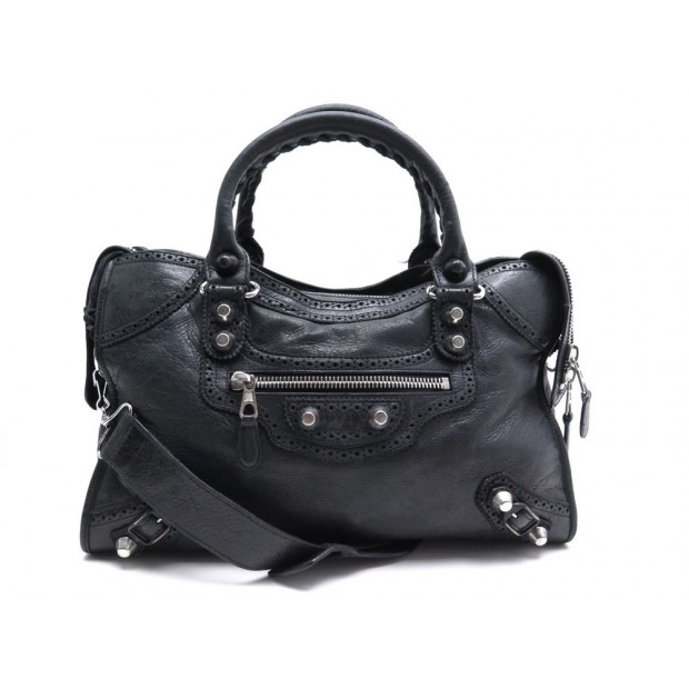 SAC A MAIN BALENCIAGA 258044 GIANT CITY BROGUES ANSE BANDOULIERE CUIR NOIR 1690€