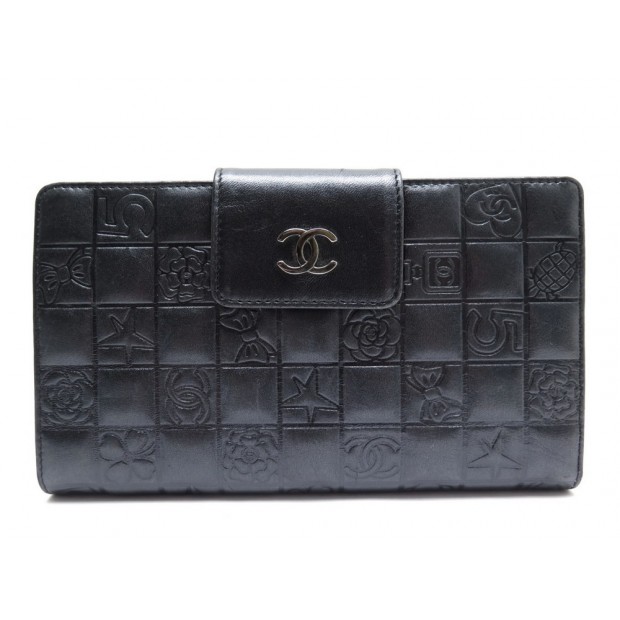 PORTEFEUILLE CHANEL LUCKY SYMBOL EN CUIR NOIR ARGENTE PORTE MONNAIE WALLET 850€