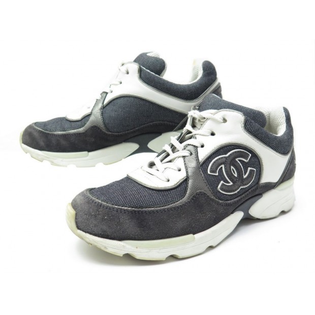 CHAUSSURES CHANEL G6582 T 36 BASKETS EN TOILE & DAIM GRISE LOGO CC SNEAKERS 950