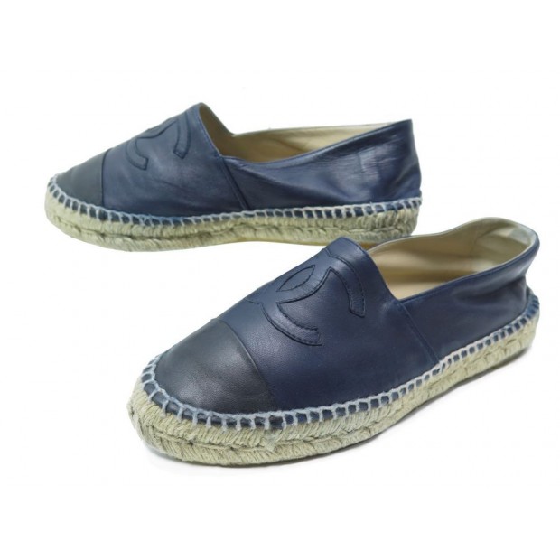 CHAUSSURES CHANEL G29762 T37 ESPADRILLES EN CUIR BLEU ET NOIR FLATS SHOES 675