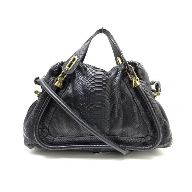 SAC A MAIN CHLOE PARATY GM EN CUIR PYTHON NOIR BANDOULIERE HAND BAG PURSE 3660€