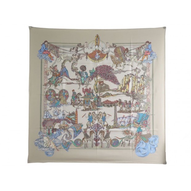 NEUF FOULARD HERMES AU FIL DE LA SOIE CARRE 90 EN SOIE BEIGE SAC SILK SCARF 360€