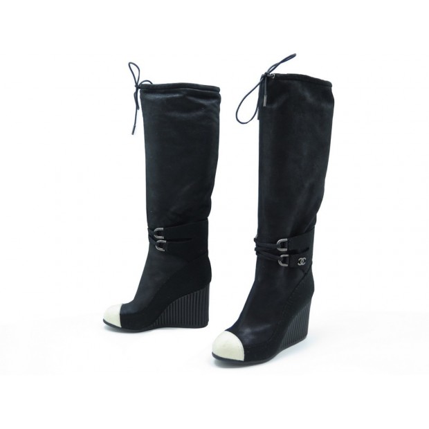 NEUF CHAUSSURES CHANEL BOTTES CUISSARDES 38 DAIM SUEDE NOIR & BLANC BOOTS 1200