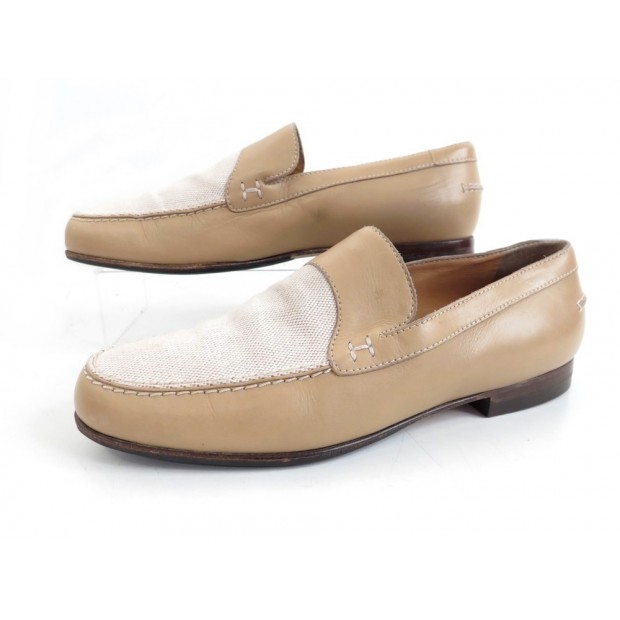 CHAUSSURES MOCASSINS HERMES BEIGE CUIR TOILE 37 + POCHON 