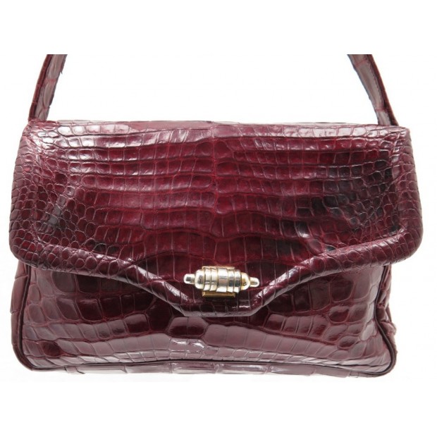 SAC A MAIN MORABITO 21 CM EN CUIR DE CROCODILE BORDEAUX BURGUNDY LEATHER HANDBAG